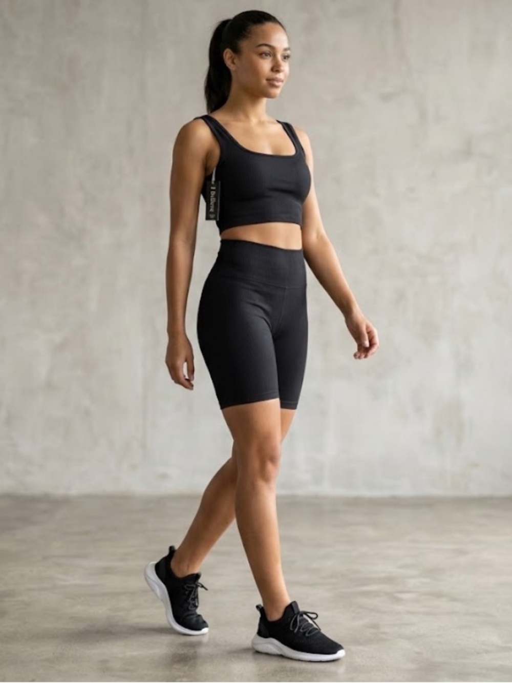 Black Ribbed High-Waist Biker Short & Crop Tank Set